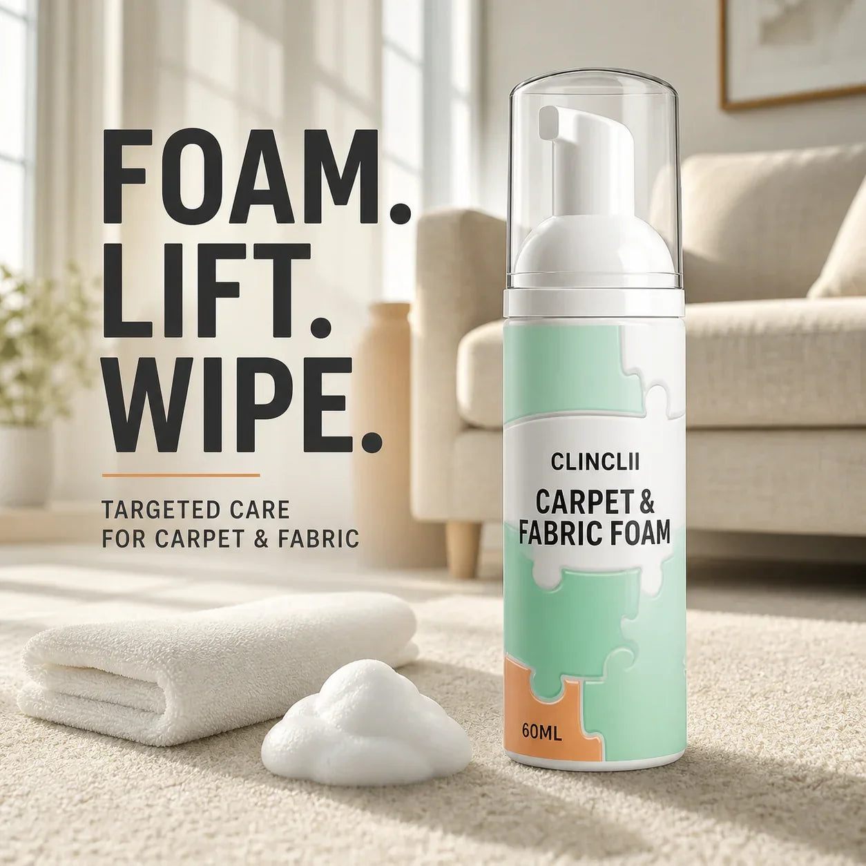 CLINCLII carpet and fabric foam spot cleaner with towel in a premium living room