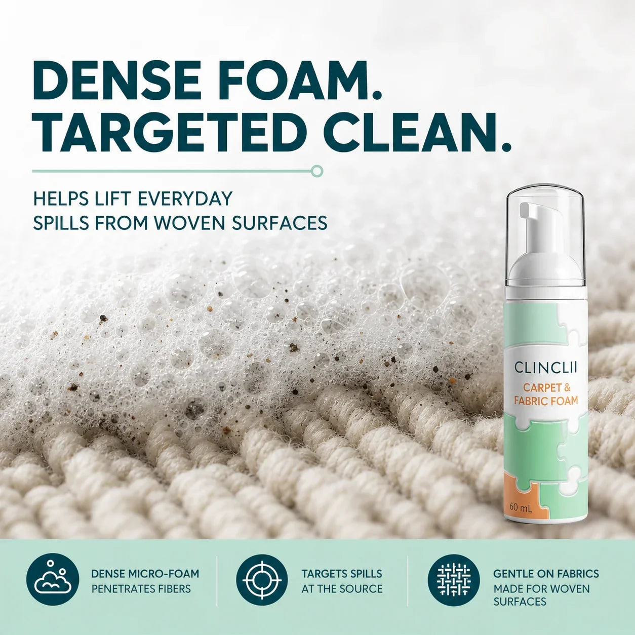 Dense micro-foam working through carpet fibers for targeted spot care